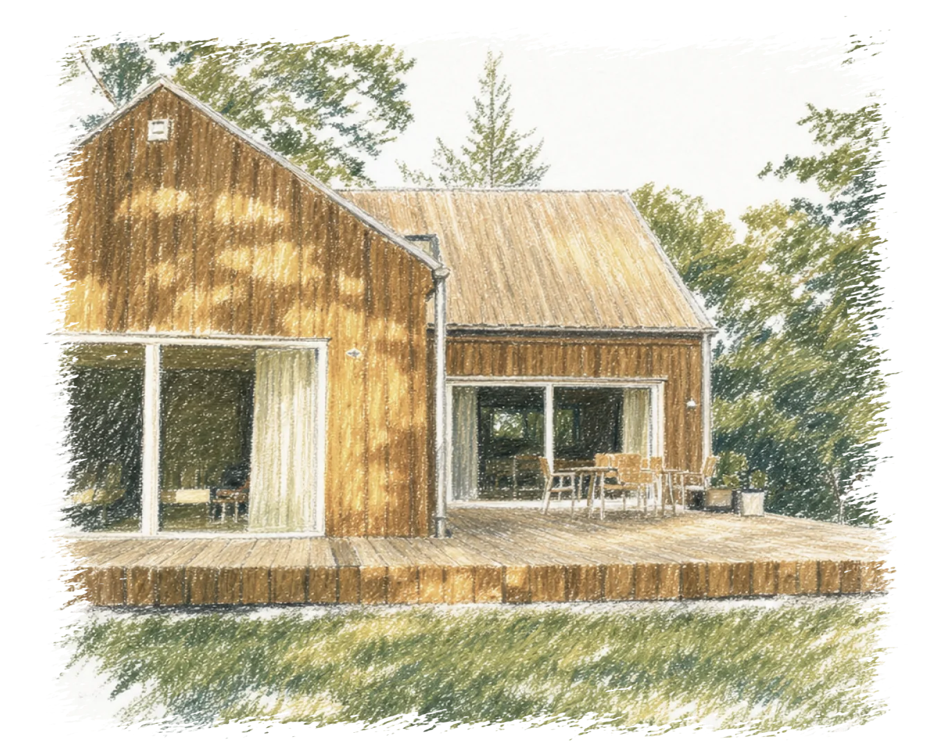 Colored-pencil illustration of a beach house