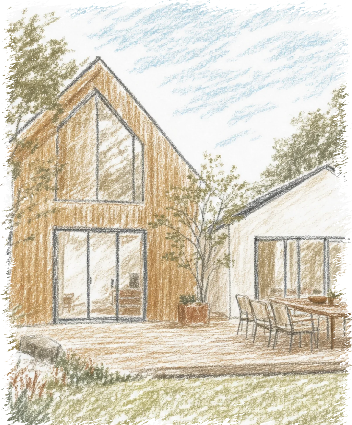 Colored-pencil illustration of a vacation home