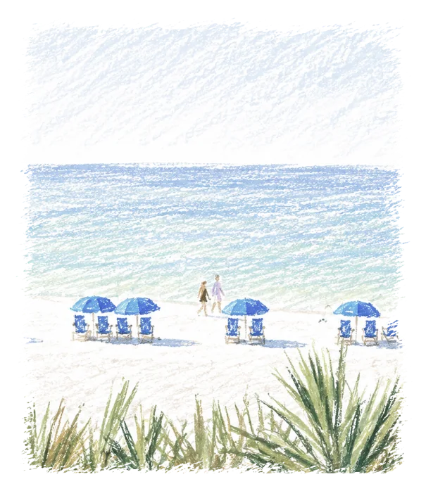 Watercolor of beach umbrellas by the sea